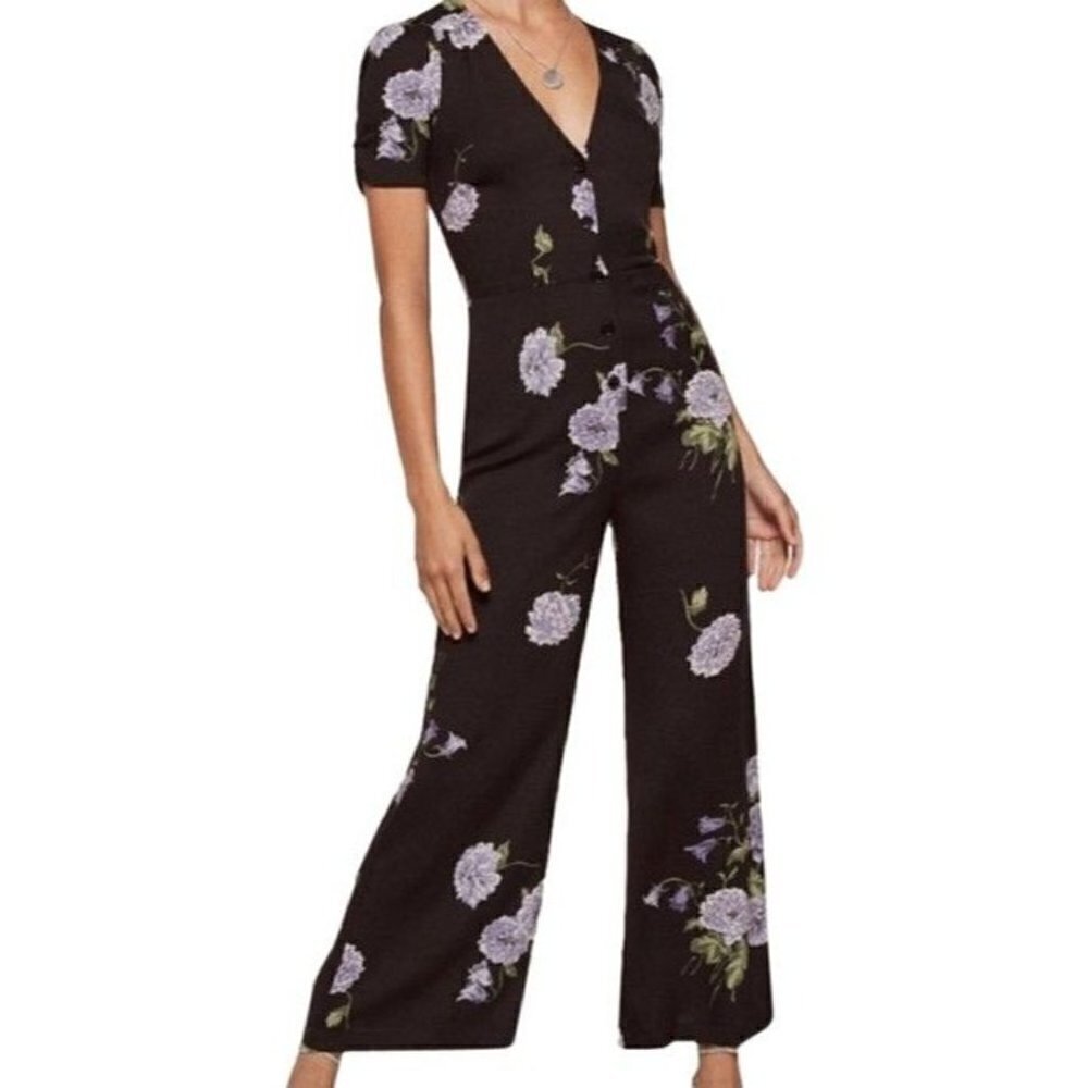 Reformation France Floral Short Sleeve Jumpsuit Regalia Black Purple Size 0